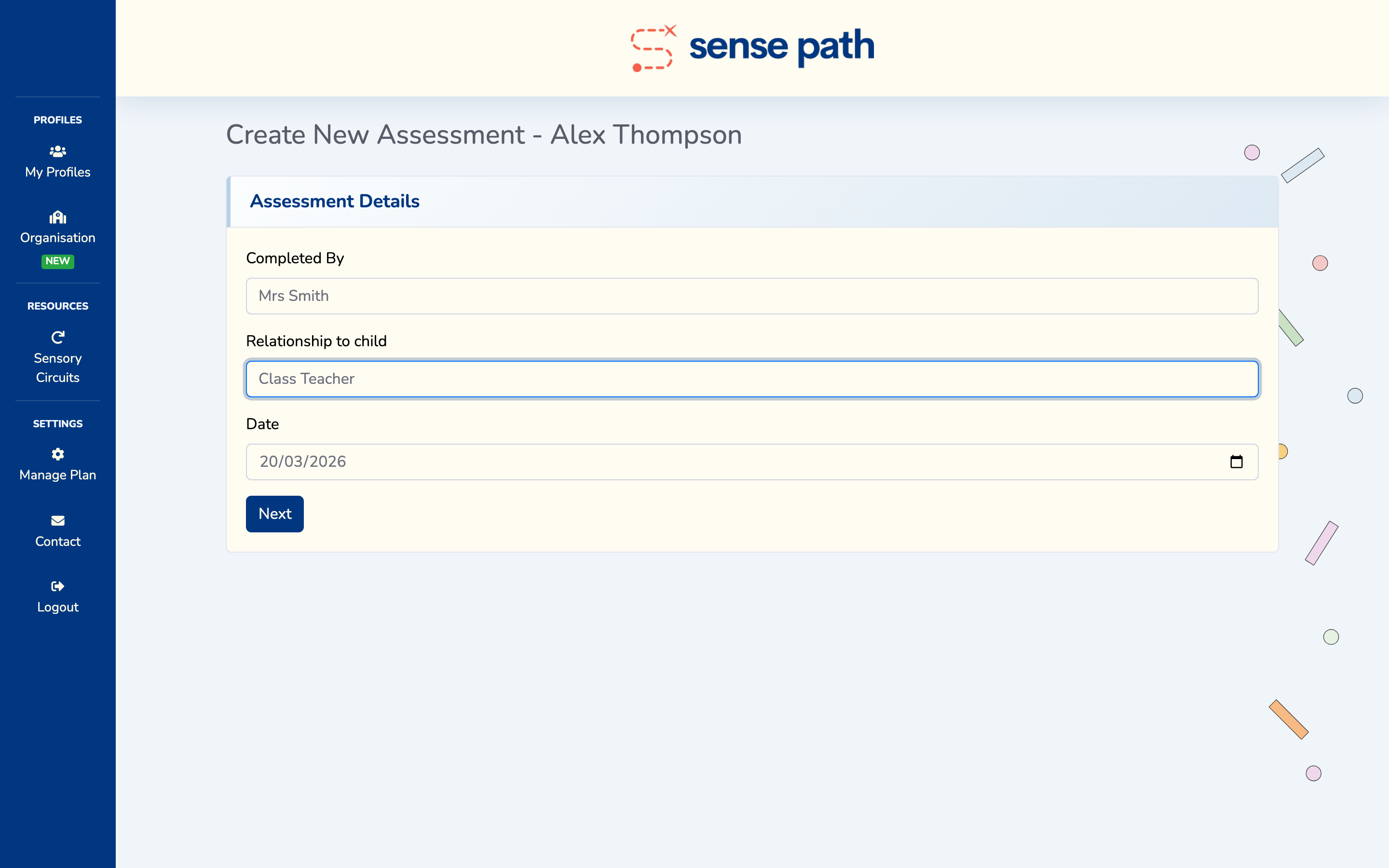Starting a new assessment — enter assessor details