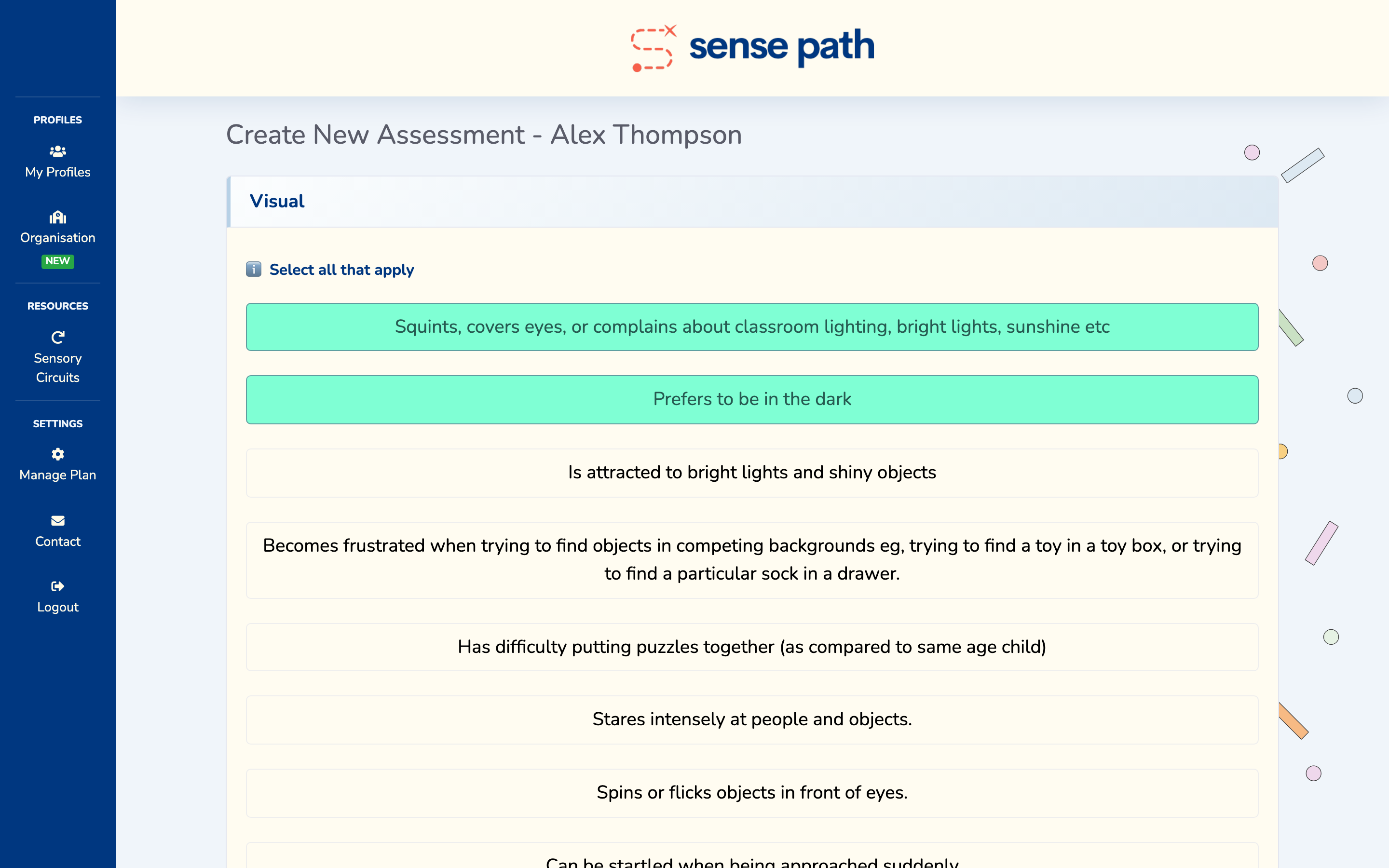 Assessment questions — select all that apply for each sensory category