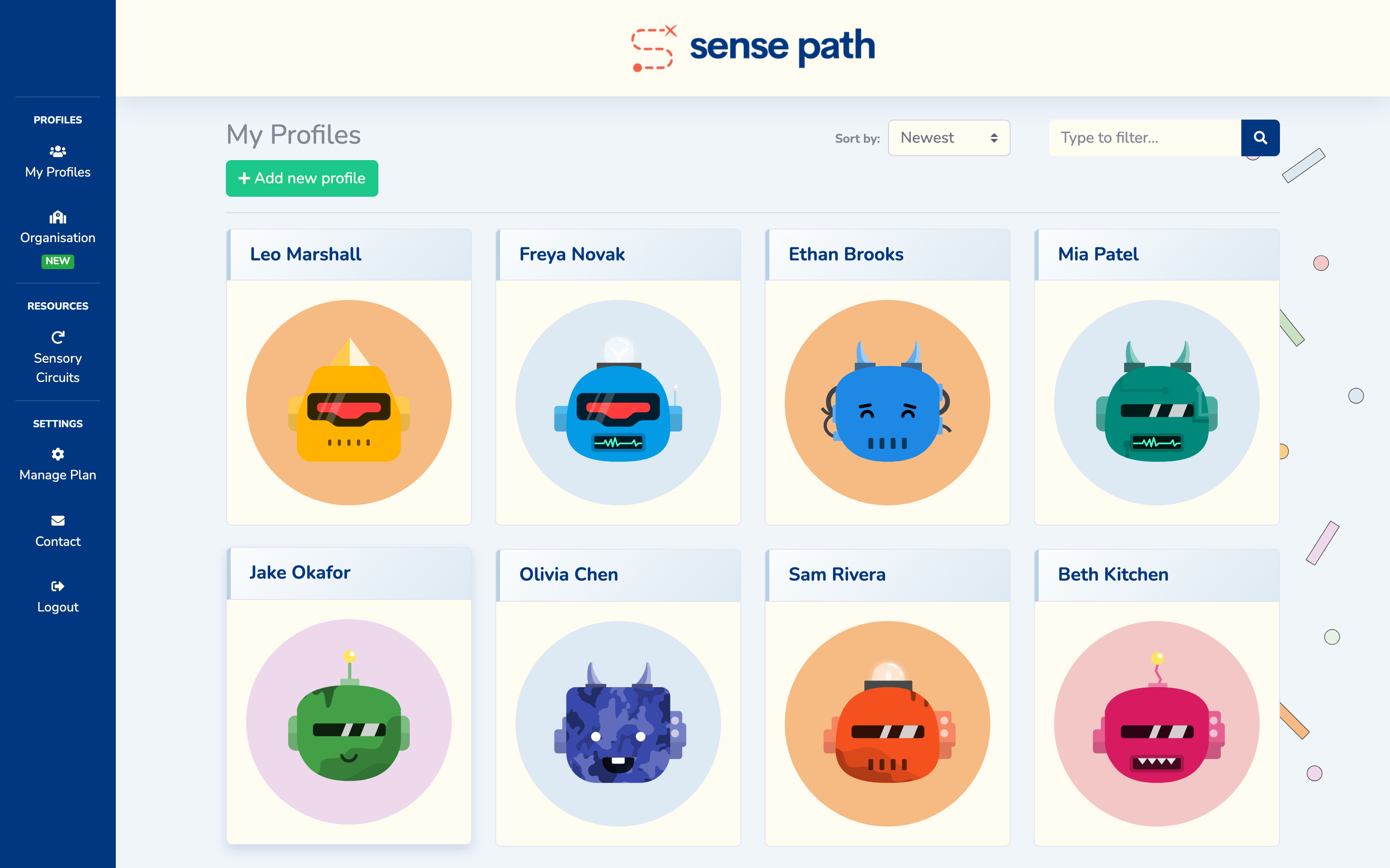 The Sense Path dashboard showing your profiles