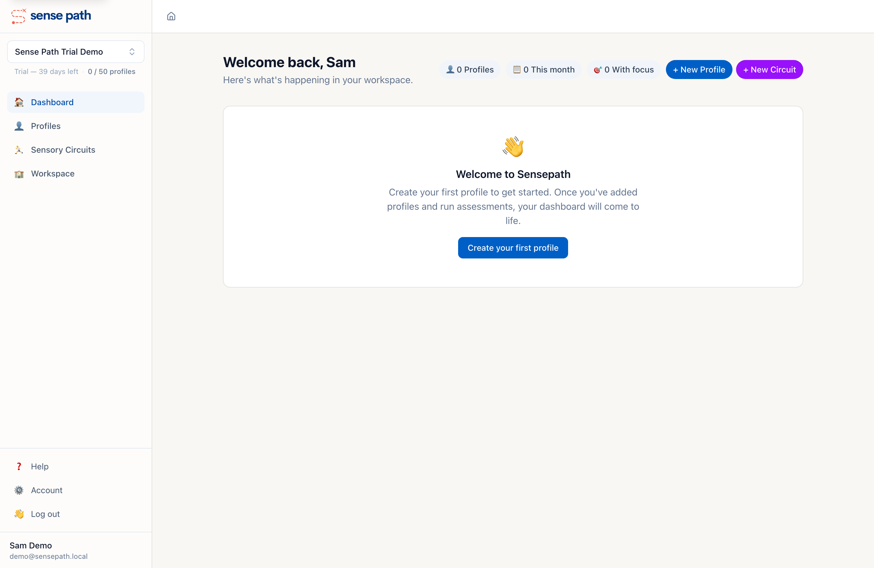 The Sense Path dashboard after signing up