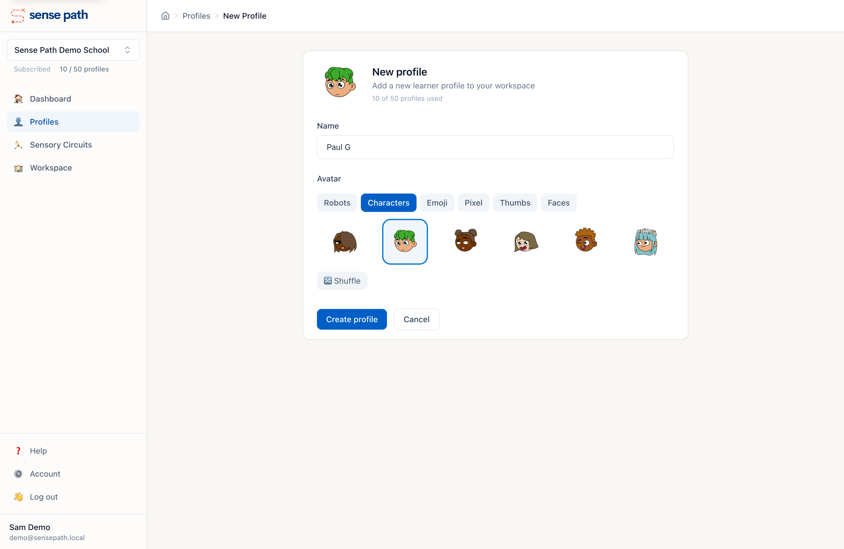 Creating a new profile with avatar selection