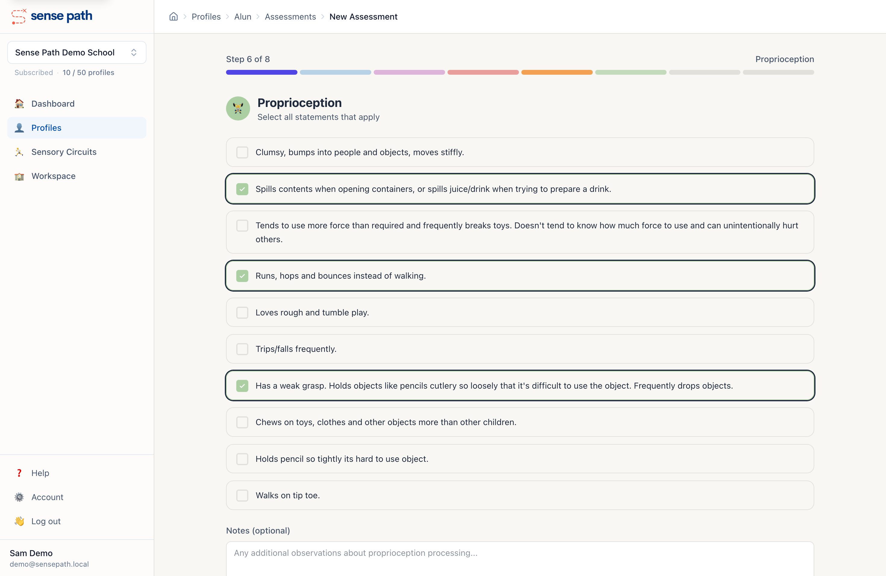Running an assessment — true/false questions across six sensory areas