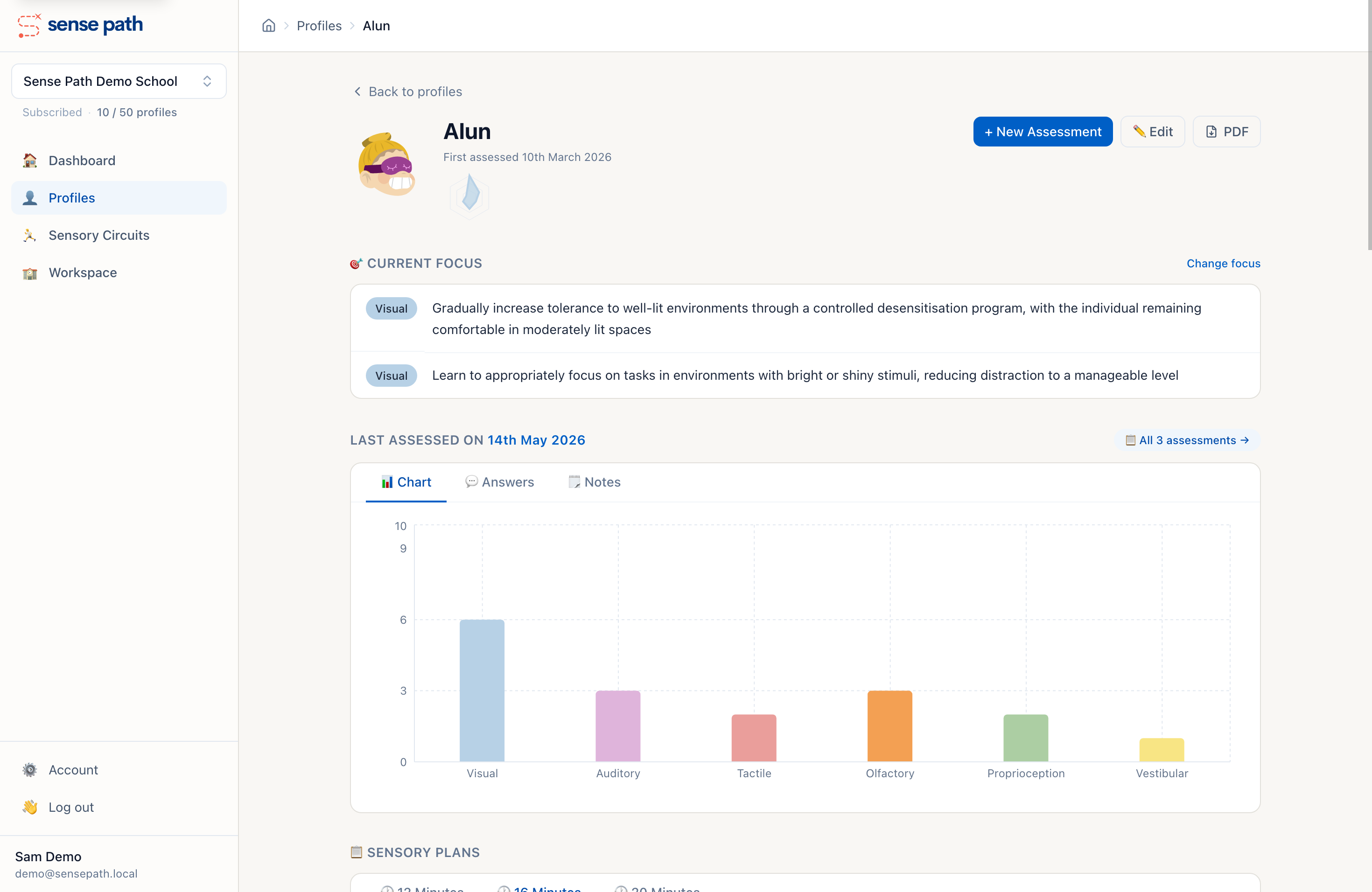 A child's sensory profile showing assessment results