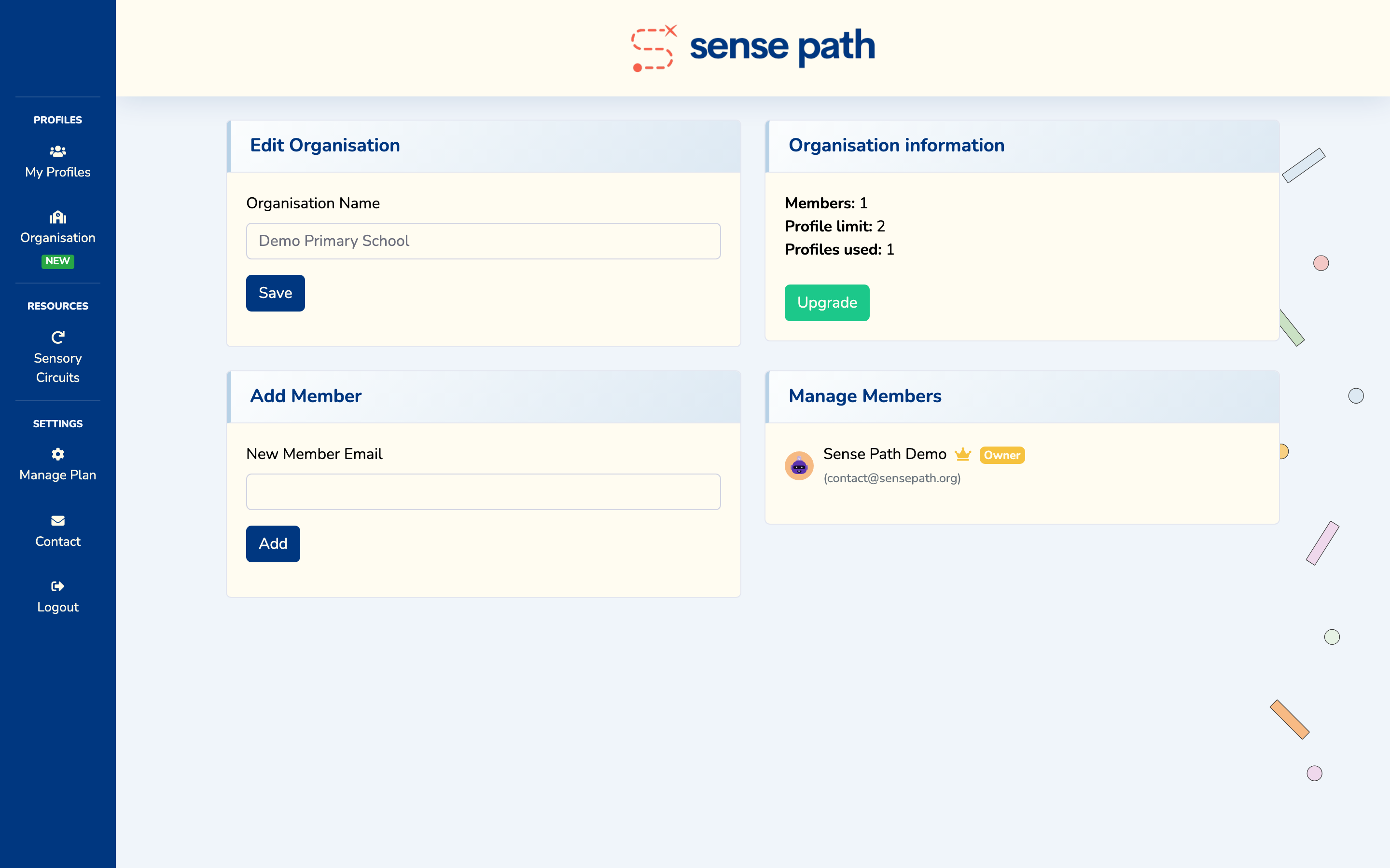 Organisation management page — edit name, add members, and view current members