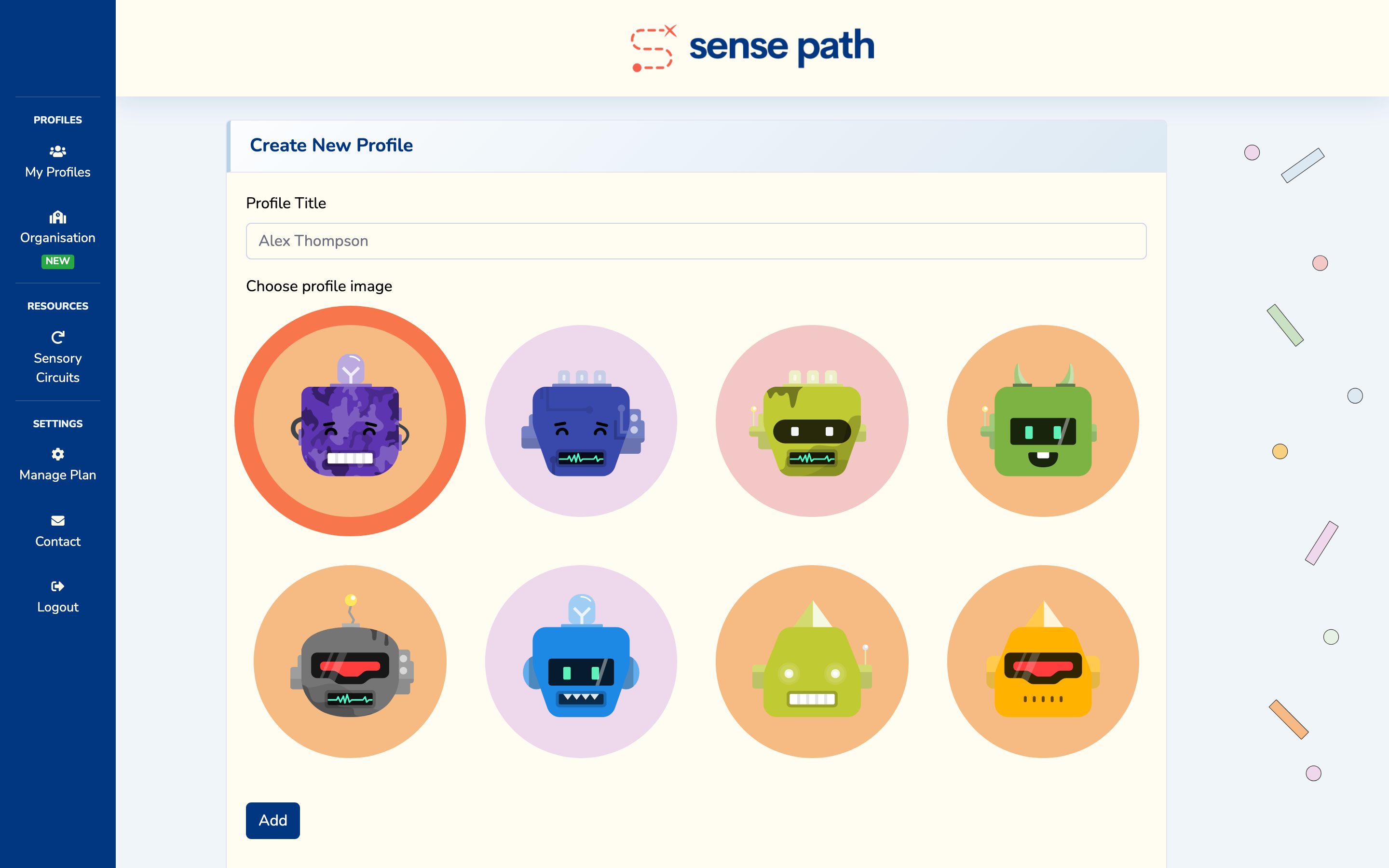 Creating a new profile in Sense Path