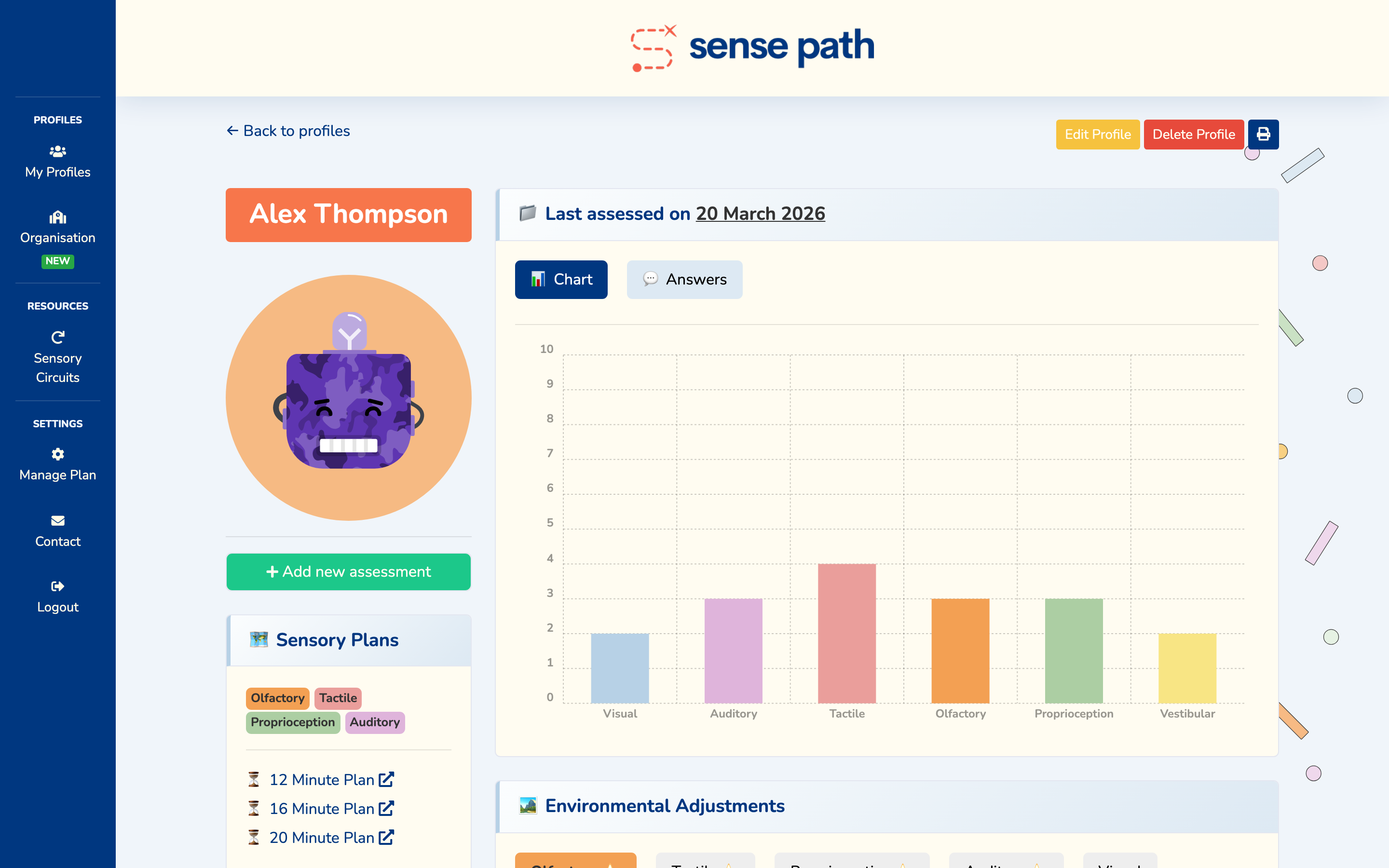 Profile page showing assessment chart, plans, and environmental adjustments