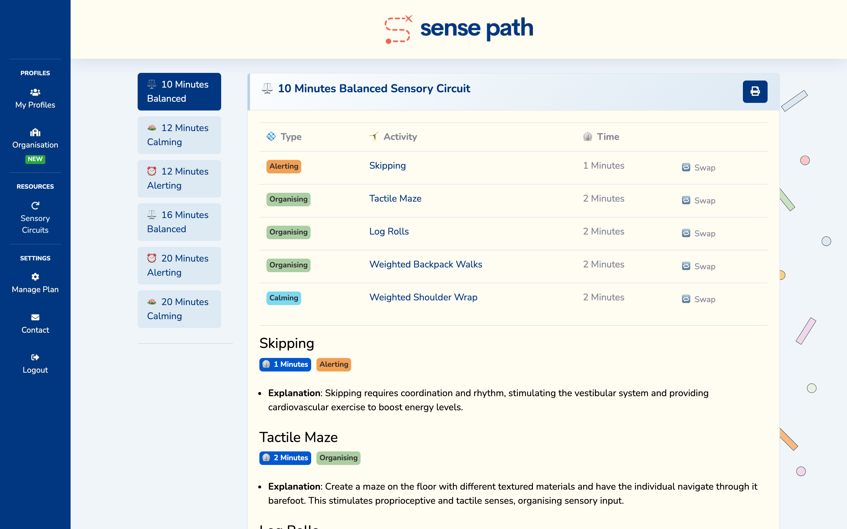 A 10-minute balanced sensory circuit with alerting, organising, and calming activities