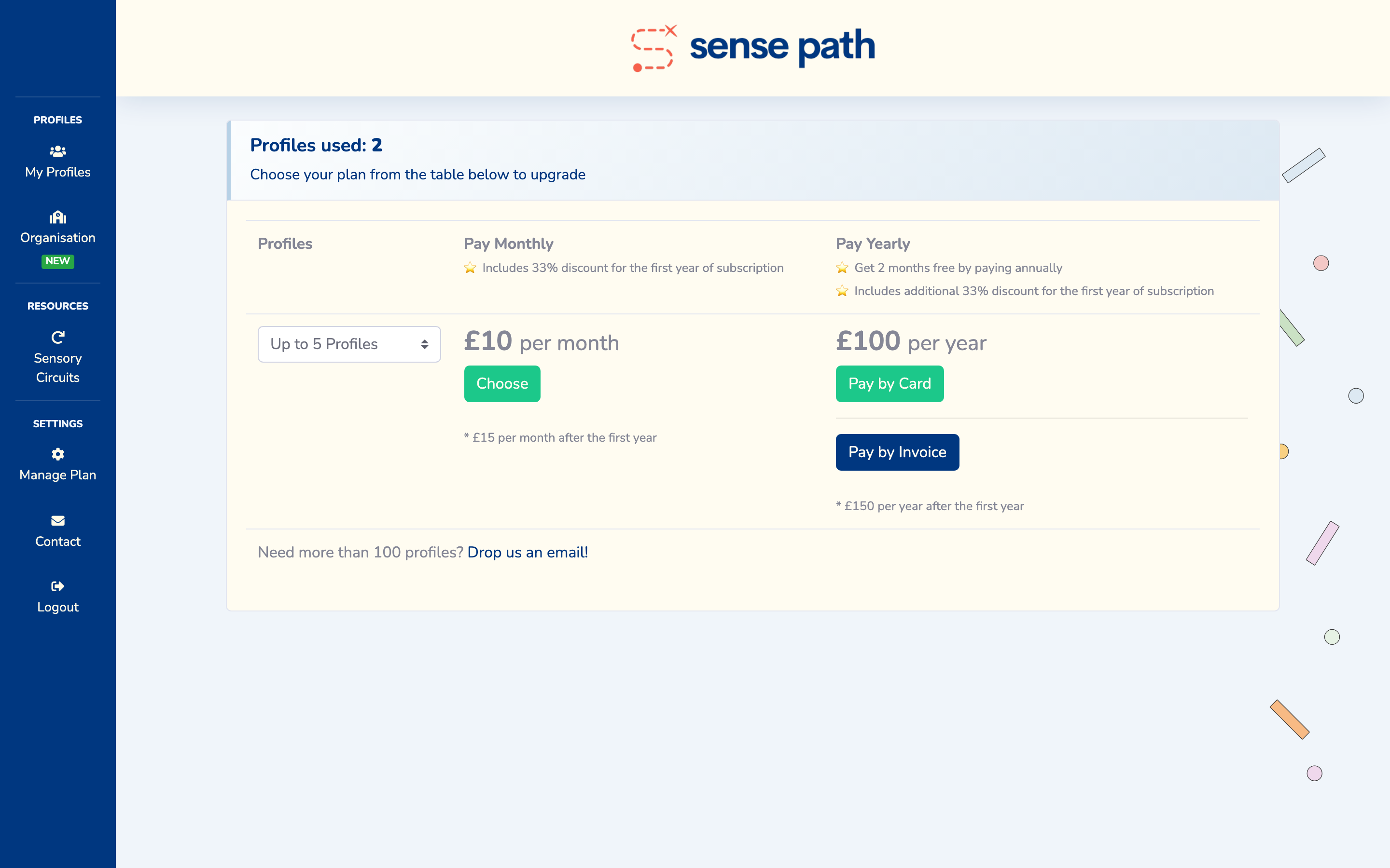 The Upgrade page — select your plan size and payment method
